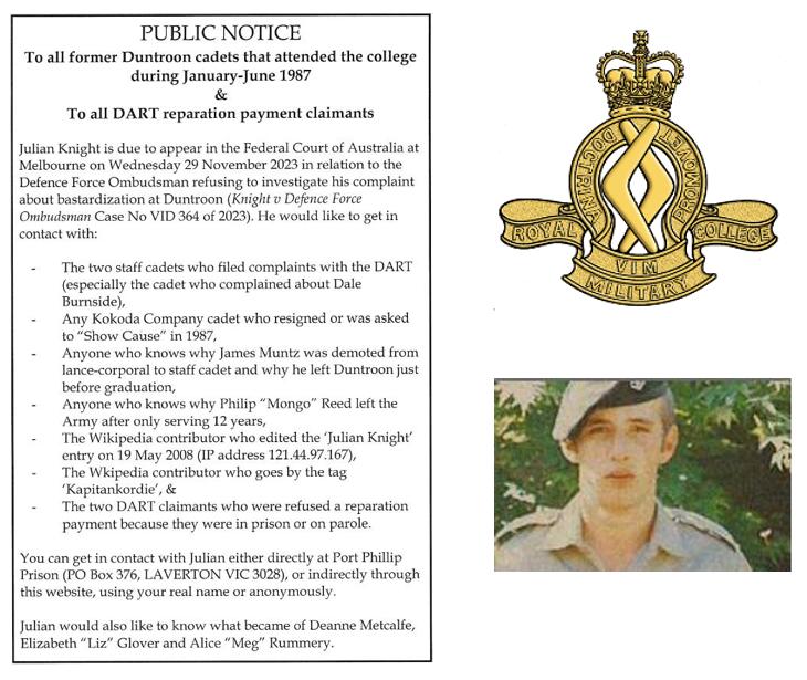 Sep 2023: Julian Knight’s outreach to 1987 Duntroon cadets & DART claimants